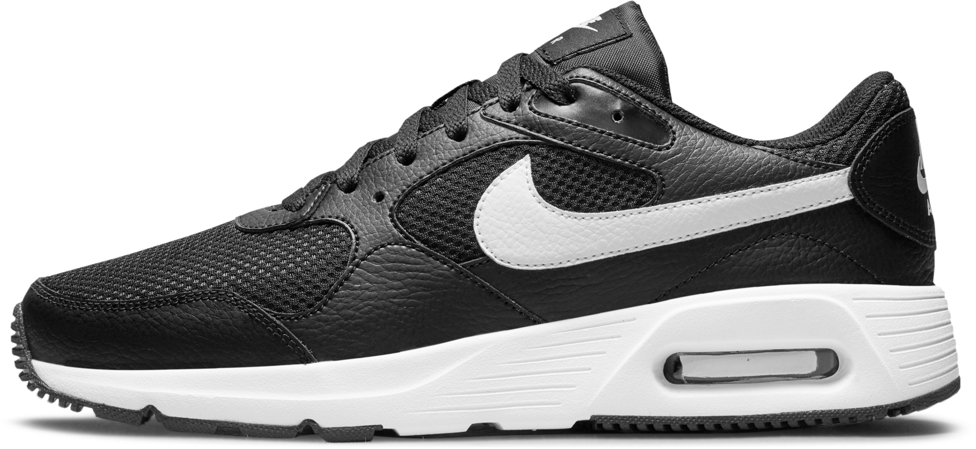 Sneaker NIKE SPORTSWEAR "AIR MAX SC", Gr. 42,5, schwarz-weiß (schwarz, weiß, schwarz), Leder, Textil, kontrastfarbene Details, unifarben, Schuhe