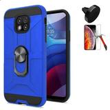 For Boost Motorola Moto G Power Case (6.6 ) Screen Protector with Car Mount +Dual-Layered Case (Ring Matte Blue /Tempered Glass /Car Mount)