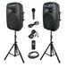 Proreck Party Portable 15 2000 Watt 2-Way Powered PA Speaker System Combo Set with Bluetooth USB SD Card Reader FM Radio Remote Control Wired Microphone and LED Light