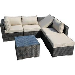6 Pieces Patio Recliner Sofa Set Aluminum Frame Full Assembled Outdoor Sectional Rattan Sofa Set All Weather Mix Brown Wicker Conversation Set with Beige Cushions and Throw Pillows
