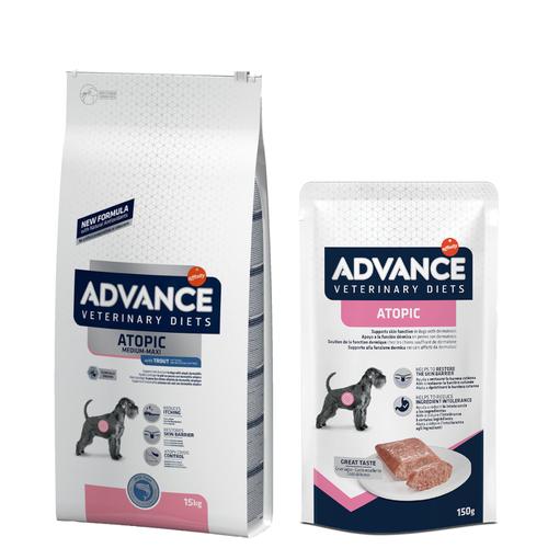 15kg Atopic mit Forelle Advance Veterinary Diets Hundefutter trocken + 8x150g Atopic Nassfutter...