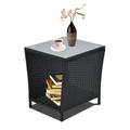 Outdoor Side Table with Storage SYNGAR Patio Wicker End Table All Weather Black Rattan Table with Tempered Glass Top Small Square Side Table for Backyard Beach Garden Poolside D7034