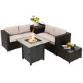 Topbuy 5-Piece Patio Furniture Set with 30 Inches Gas Fire Pit Table Outdoor PE Wicker Conversation Sectional Sofa Set with Cushions Beige