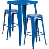 Flash Furniture Boyd Commercial Grade 30 Round Blue Metal Indoor-Outdoor Bar Table Set with 2 Square Seat Backless Stools