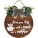 Eveokoki 12 Wooden Wreath Start Your Day With A Smile And A Coffee Front Door Round Wood Sign Hanging Porch Decor Sign for Farmhouse Rustic Wood Wreaths Sign