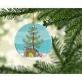 The Holiday Aisle® Dragon Li #2 Cat Merry Christmas Ornament Ceramic/Porcelain in Blue/Brown/Green | 2.8 H x 2.8 W x 0.15 D in | Wayfair