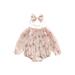 2pcs Infant Girls Romper Headband Ruffles Long Sleeve Off Shoulder Flowers Printed Sweet Jumpsuit