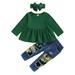 2T Toddler Baby Girls Clothes Baby Girls Outfits 2-3T Girls Solid Color Long Sleeve Ruffle Top Floral Ripped Jeans Pants Headband Set Green