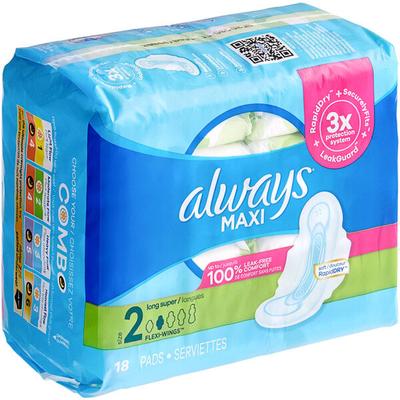 Always Maxi 18-Count Unscented Menstrual Pad with Wings - Size 2 Long Super - 8/Case