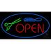 Open Scissor and Comb Logo LED Neon Sign 13 x 24 - inches Black Square Cut Acrylic Backing with Dimmer - Bright and Premium built indoor LED Neon Sign for Defence Force.