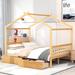 Full Size House Platform Bed with 2 Underbed Storage Drawers / Vertical Slats Style Headboard Footboard / Triangle Roof