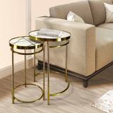 22, 20 Inch Round 2 Piece Marble Top Nesting End Table Set with Metal Frame, Brass Inlay, White