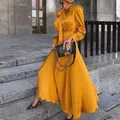 Robe Vintage en Satin Jaune à Manches sulfpour Femme Tenue Élégante Chic Maxi Mode Printemps