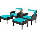 5 PCS Patio Rattan Wicker Furniture Set Sofa Ottoman Coffee Table Cushioned Yard
