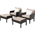 5 PCS Patio Rattan Wicker Furniture Set Sofa Ottoman Coffee Table Cushioned Yard