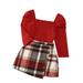 2DXuixsh Little Girl Clothes Size 7-8 Toddler Kids Baby Girls Long Bubble Sleeve Ribbed Solid Tops Blouse Plaid Patchwork Skirt Outfit Clothes Set 2Pcs Summer Blanket Baby Girl Polyester Red 120