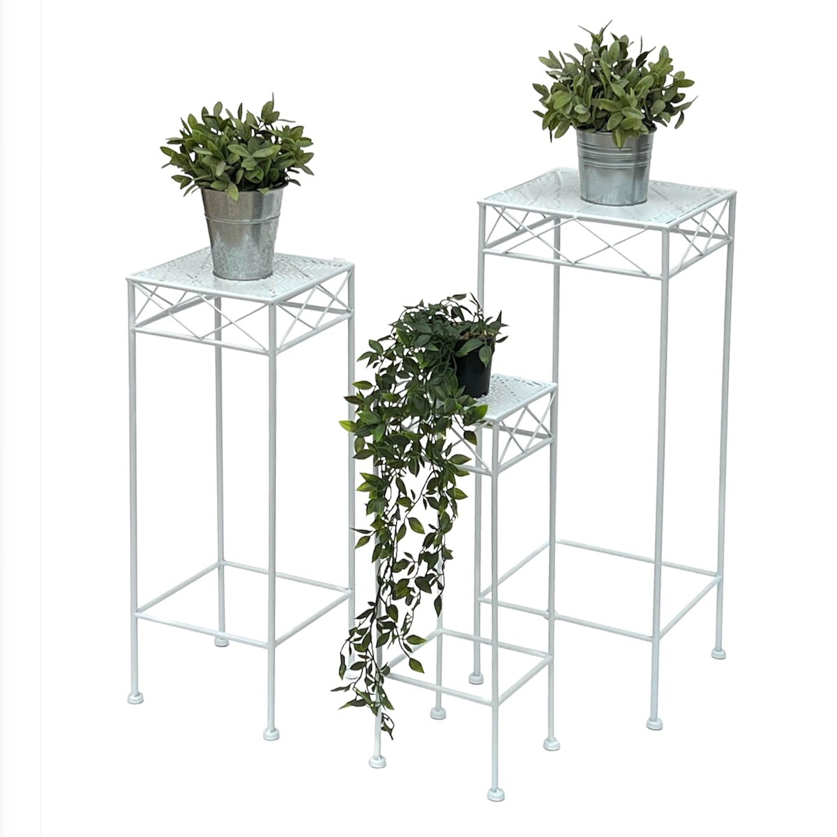 DanDiBo Blumenhocker Weiß Metall Eckig Blumenständer 96314 3er Set Beistelltisch Blumensäule Modern Pflanzenständer Pflanzenhocker Image