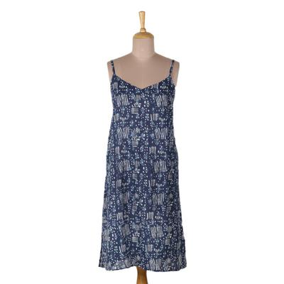 Moroccan Blue,'Sleeveless Indigo Cotton Nightgown with Printed Pattern'