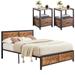 Bedroom Set of 3 Wood Headboard Platform Bed Frame Set of 2 Nightstands with Charging Station USB Port