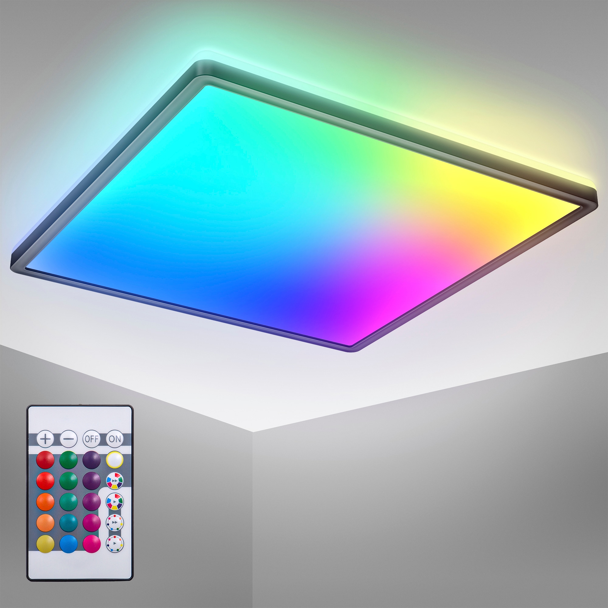 B.K.LICHT LED Deckenleuchte "BK_PL1552 RGBW Deckenlampe, LED Panel, mit Farbwechsel, Dimmbar", schwarz, 1, H: 3cm, 1 Stk., Leuchten, Ultraflach, mit Backlight, mit Fernbedienung, Schwarz, 42x42x3 cm, LED Panels Image