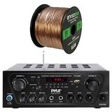 Pyle 2-Channel Wireless Karaoke Home Audio Bluetooth USB AUX Stereo Amplifier Receiver System Bundle Combo with 16 AWG Gauge 50 Feet Speaker Wire Cable