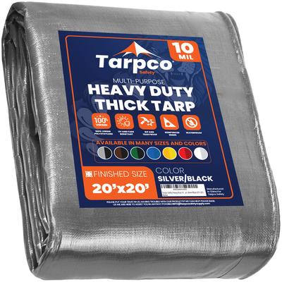 Tarpco Safety 20' x 20' Silver / Black Heavy-Duty Weatherproof 10 Mil Poly Tarp with Reinforced Edges