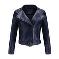 Women's Casual Jacket Solid Faux Leather Pocket Baseball Motorcycle Loose Zipper Soft Jacket Short Coat Woman's Suit Jacket (Dark Blue-2, XXL)