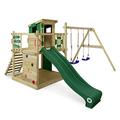 WICKEY Wooden climbing frame Smart Camp with swing set & green slide, Outdoor kids playhouse with sandpit, climbing ladder & play-accessories for the garden