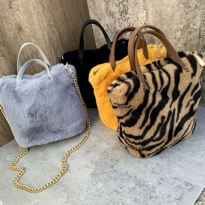 Sac à provisions en fausse fourrure pour femme, sac moelleux de grande capacité, sac en peluche douce, sac solide lancé par document, mode hiver, E27, 2021