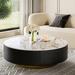 Modern Drum Coffee Table with Oak Veneer, Sintered Stone Coffee Table with 2 Solid Wood Drawers, Fully Assembled, White