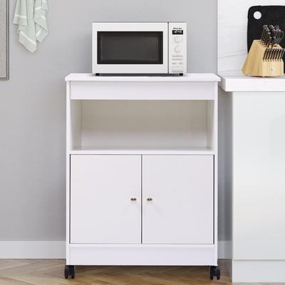 Wood Kitchen Microwave Cabinet Cart with 4 Wheels and Shelf,White