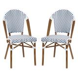 Flash Furniture Lourdes Set of 2 Indoor/Outdoor Commercial French Bistro Stacking Chair White/Navy PE Rattan Back and Seat Bamboo Print Aluminum Frame in Natural