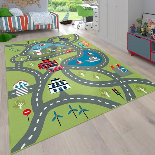 Kinderteppich PACO HOME ""Bino 562"" Teppiche Gr. B: 100cm, 4mm, L: 200cm, grün Kinder Kurzflor, Straßen-Spiel-Teppich, Motiv Flughafen, Kinderzimmer