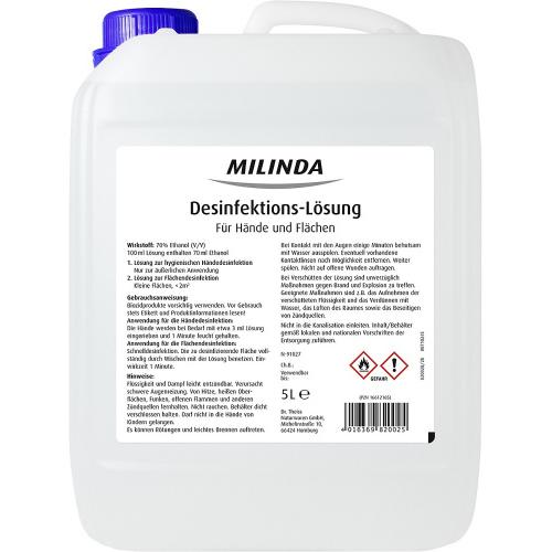 Milinda Pro Händedesinfektion, 70% Ethanol (V/V), 5 Liter - hygienische Händedesinfektion