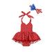 Independence Day Outfits Baby Girl Sleeveless Tie Up Pentagram Print Halter Romper with Pompom + Bowknot Headband