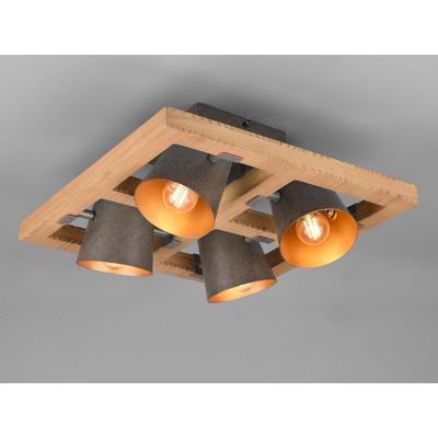 Deckenstrahler bell 4 flammig Silber antik & Gold mit Holz im Industrial Style