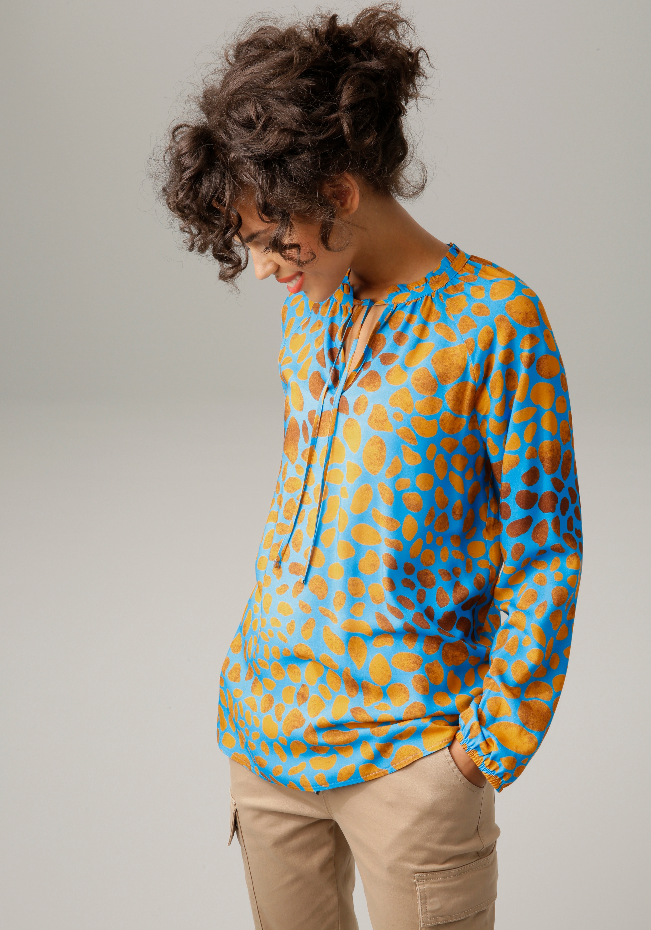 Schlupfbluse ANISTON CASUAL, Damen, Gr. 36, bunt (türkis, hellorange, braun), Web, Obermaterial: 100% Viskose, bedruckt, gemustert, lässig geschnitten hüftbedeckend, V-Ausschnitt, Raglanärmel elastischer Bund mit Gummizug, Blusen Schlupfbluse, mit...