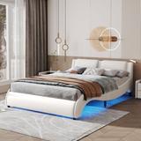 Full/Queen Size Upholstered Faux Leather Platform Bed with LED Light Headboard Bed Frame with Slatted