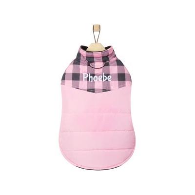 Frisco Personalized Boulder Plaid Insulated Dog & Cat Puffer Coat, Pink, X-Large