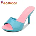 Tyesnees-Pantoufles d'été pour femmes couleurs mélangées PU talon fin 9cm extérieur sandale