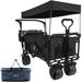 Collapsible Wagon Heavy Duty Folding Wagon Cart with Removable Canopy 4 Wide Large All Terrain Wheels Brake Adjustable Handles Cooler Bag Utility Carts for Outdoor Garden Wagons Carts Beach Cart