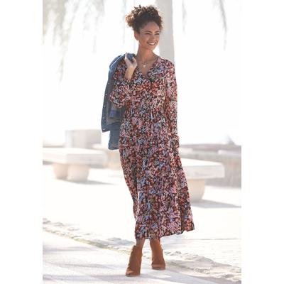 Maxikleid LASCANA, Damen, Gr. 36, N-Gr, bunt (floral, bedruckt), Web, Obermaterial: 100% Viskose, bedruckt, geblümt, modisch, figurumspielend ca. Mitte Wade, V-Ausschnitt, Langarm elastischer Bund, Kleider, mit Blümchenprint und V-Ausschnitt,... Image