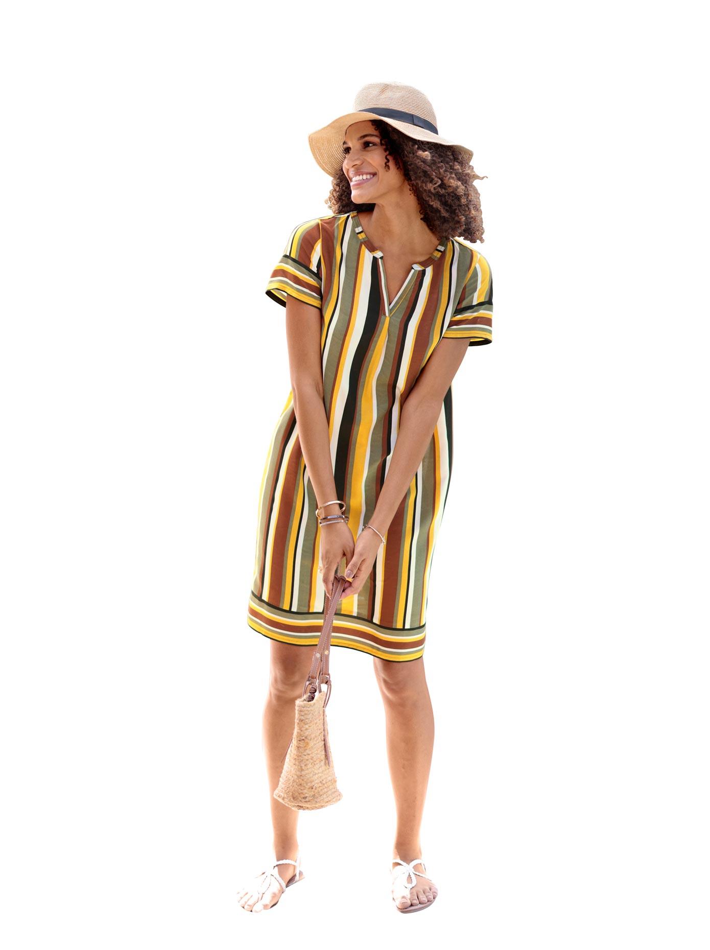 Druckkleid CASUAL LOOKS "Kleid", Damen, Gr. 42, Normalgrößen, bunt (ocker, khaki, gestreift), 100% Viskose, gemustert, gestreift, mehrfarbig, kurz, Rundhals, Kleider Image