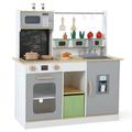 Wooden Play Kitchen for Kids Pretend Chef Play Set with Wooden Accessories Microwave Ovens Stoves Sinks Cutting Vegetables Light Sound