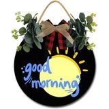 Eveokoki 11 Good Morning Door Sign Plaque Welcome Wall Hanging Signs Front Door Decor Home Decorative Door Sign Wooden Plaque Hanger for Bedroom Porch Yard Decoration