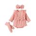 elfinBE Newborn Baby Girl Toddler Solid Long Sleeve Ruffle Romper Socks And Hairband 3PCs Outfits Set 0-12M