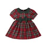 Toddler Baby Girl Christmas Plaid Dress Short Sleeve Front Bow Red Green Plaid Princess Party Dress