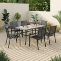 Sophia & William 7 Pieces Patio Outdoor Dining Set Metal Stackable Chairs and Teak Wood Table Black