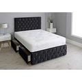 Crushed Velvet Chesterfield Divan Bed with Matching Footboard and Memory Foam Spring Mattress (Black, 4FT - 2 Drawers Foot End)