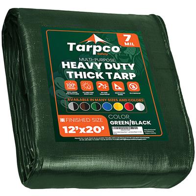 Tarpco Safety 12' x 20' Green / Black Heavy-Duty Weatherproof 7 Mil Poly Tarp with Reinforced Edges
